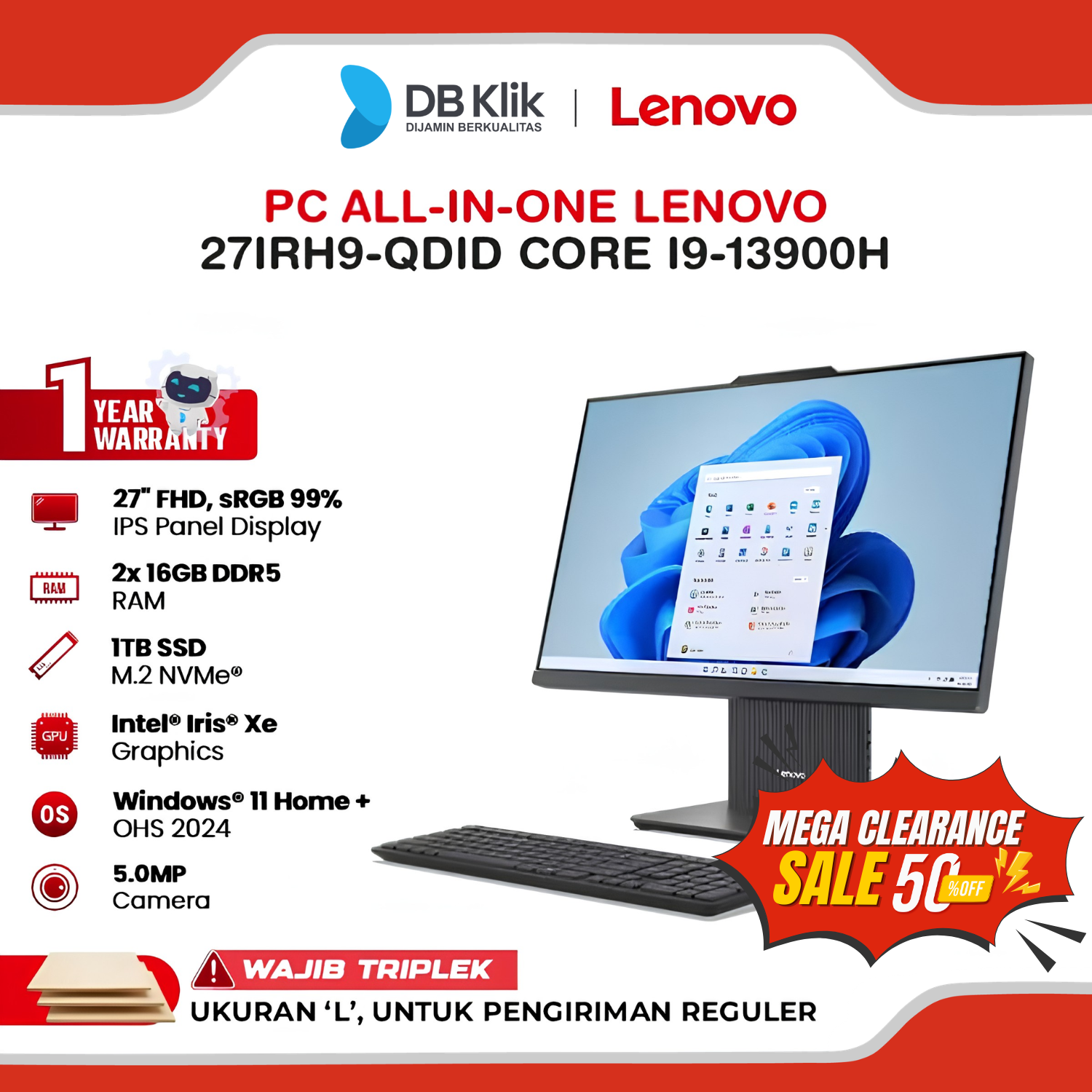 PC AIO LENOVO 27IRH9-QDID INTEL Core i9-13900H 32GB (16X2) DDR5/1TB M.2 INTEL Iris Xe Windows 11 Home + Office Home Student 2024 23.8" FHD