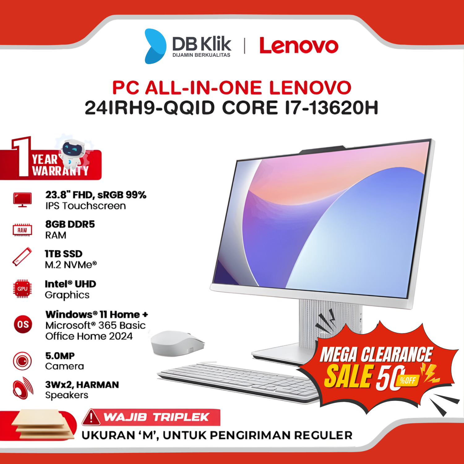 PC AIO LENOVO 24IRH9-QQID INTEL Core i7-13620H 8GB DDR5/1TB M.2 INTEL UHD Windows 11 Home + Office Home Student 2024 23.8" FHD