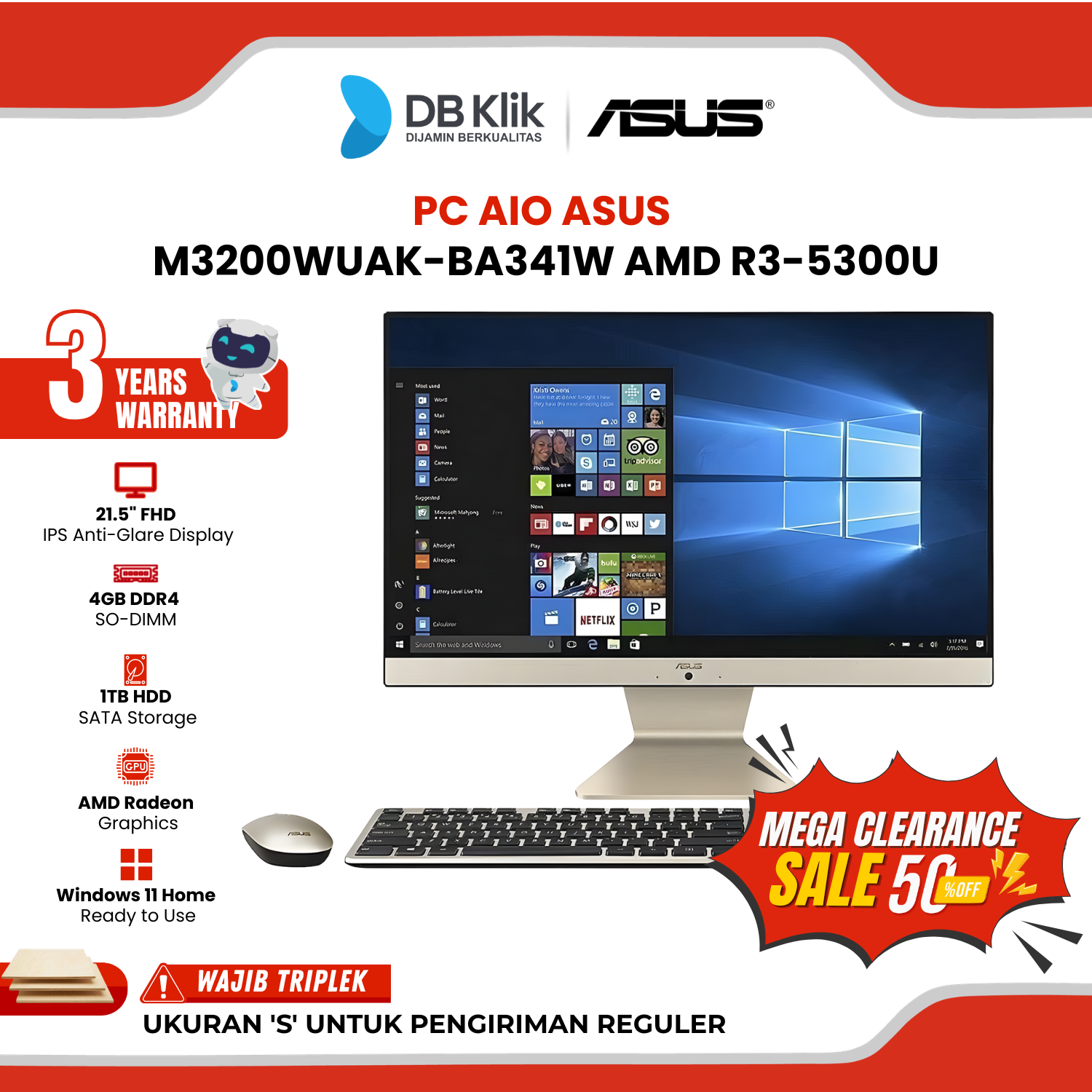 PC AIO ASUS M3200WUAK-BA341W AMD Ryzen 3-5300U 4GB DDR4/1TB HDD Windows 11 Home 21.5" FHD