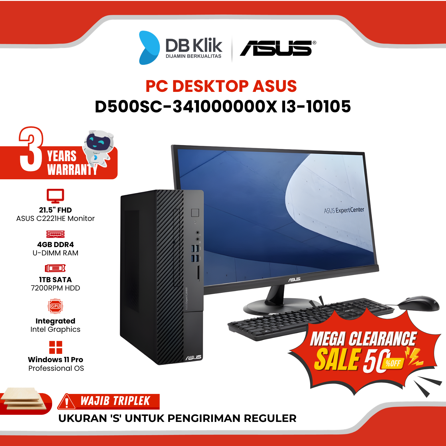 PC Desktop ASUS D500SC-341000000X INTEL Core i3-10105 4GB DDR4/1TB HDD Windows 10 Pro With Monitor ASUS 22" FHD - Black