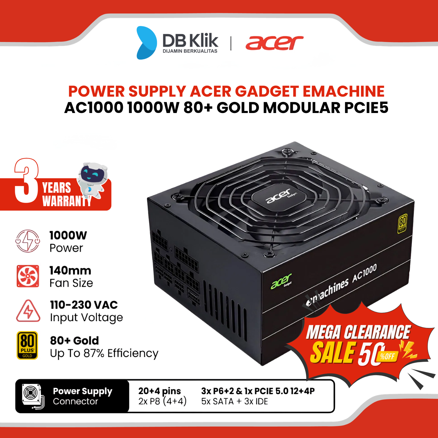 Power Supply Acer Gadget Emachine AC1000 1000W 80+ Gold Modular PCIe5