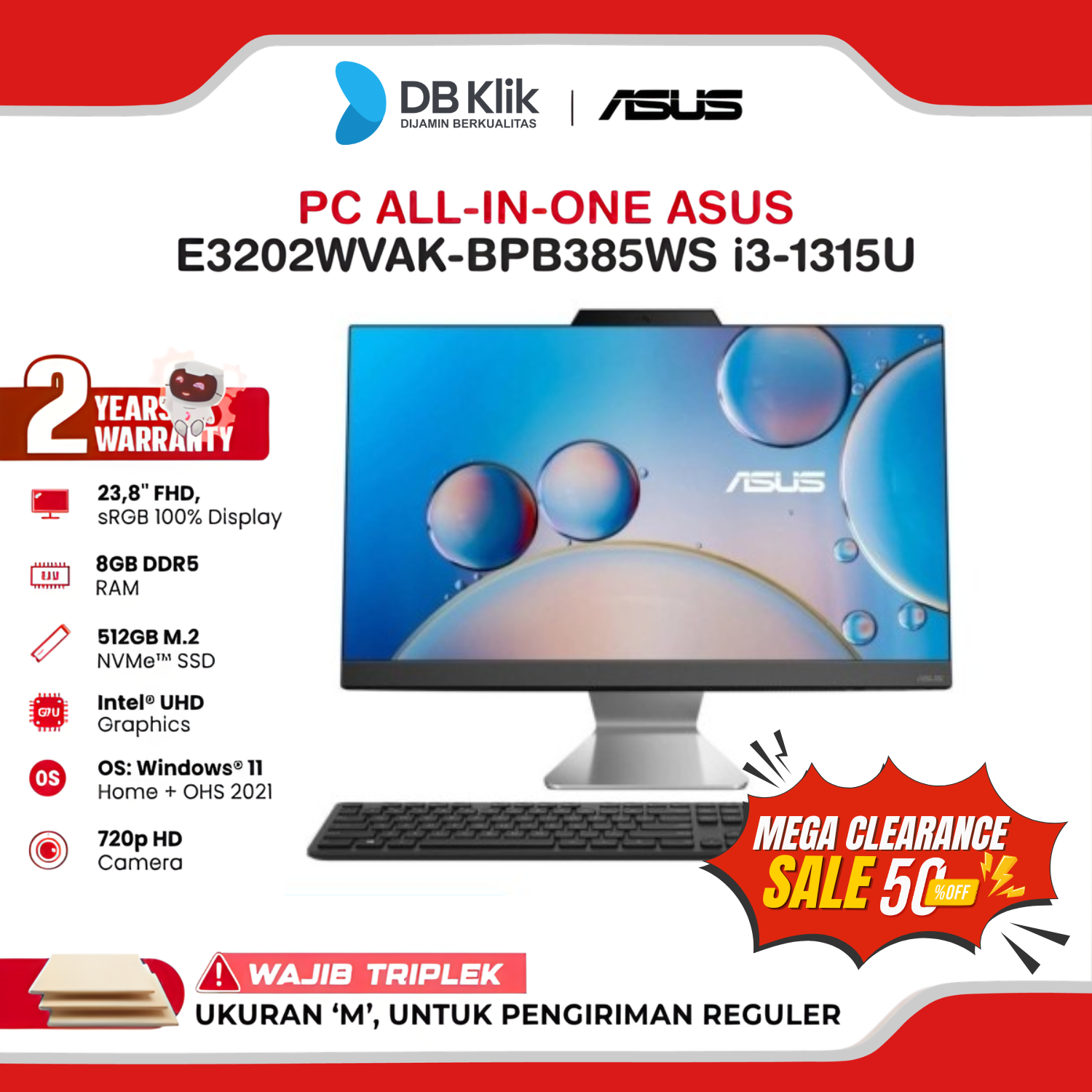 PC AIO ASUS E3202WVAK-BPB385WS INTEL Core i3-1315U 8GB DDR5/512GB M.2 INTEL UHD Windows 11 Home + Office Home Student 2021 22" FHD - Black
