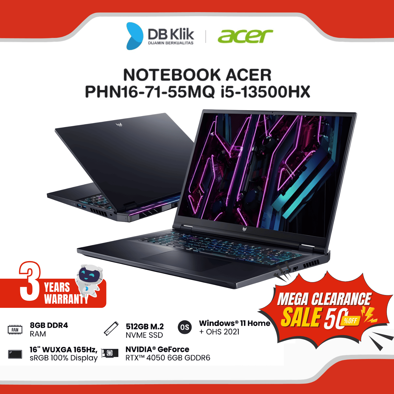 Notebook ACER PHN16-71-55MQ INTEL Core i5-13500HX 8GB DDR5/512GB M.2 RTX 4050 Windows 11 Home + Office Home Student 2021 16" QHD