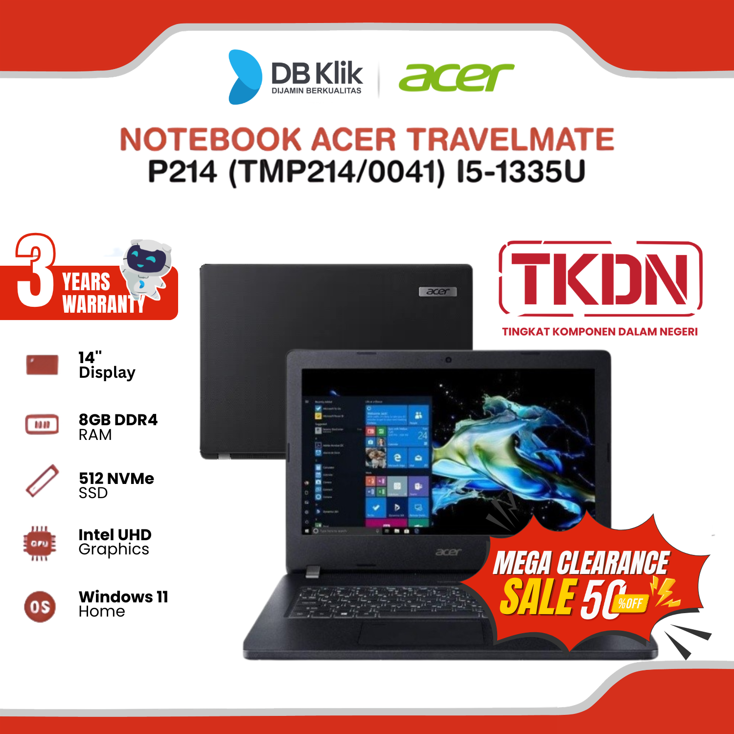 Notebook ACER TravelMate P214 (TMP214/0041) INTEL Core i5-1335U 8GB DDR4/512GB M.2 NVMe INTEL UHD Windows 11 Home NO OHS 14" FHD - TKDN
