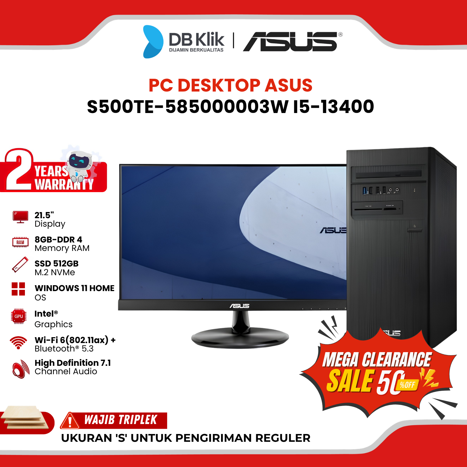 PC Desktop ASUS S500TE-585000003W INTEL CORE i5-13400 8GB DDR4/512GB M.2 INTEL UHD Windows 11 Home 21.5" FHD