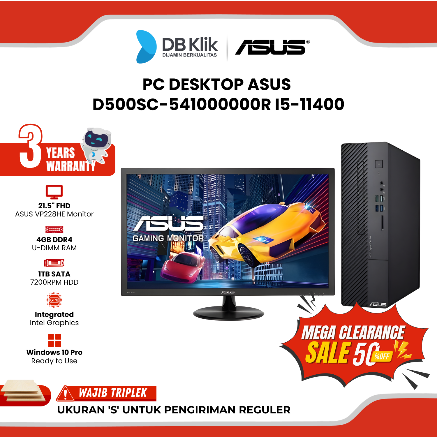 PC Desktop ASUS D500SC-541000000R INTEL Core i5-11400 4GB DDR4/1TB HDD Windows 10 Pro With Monitor ASUS 22" FHD - Black