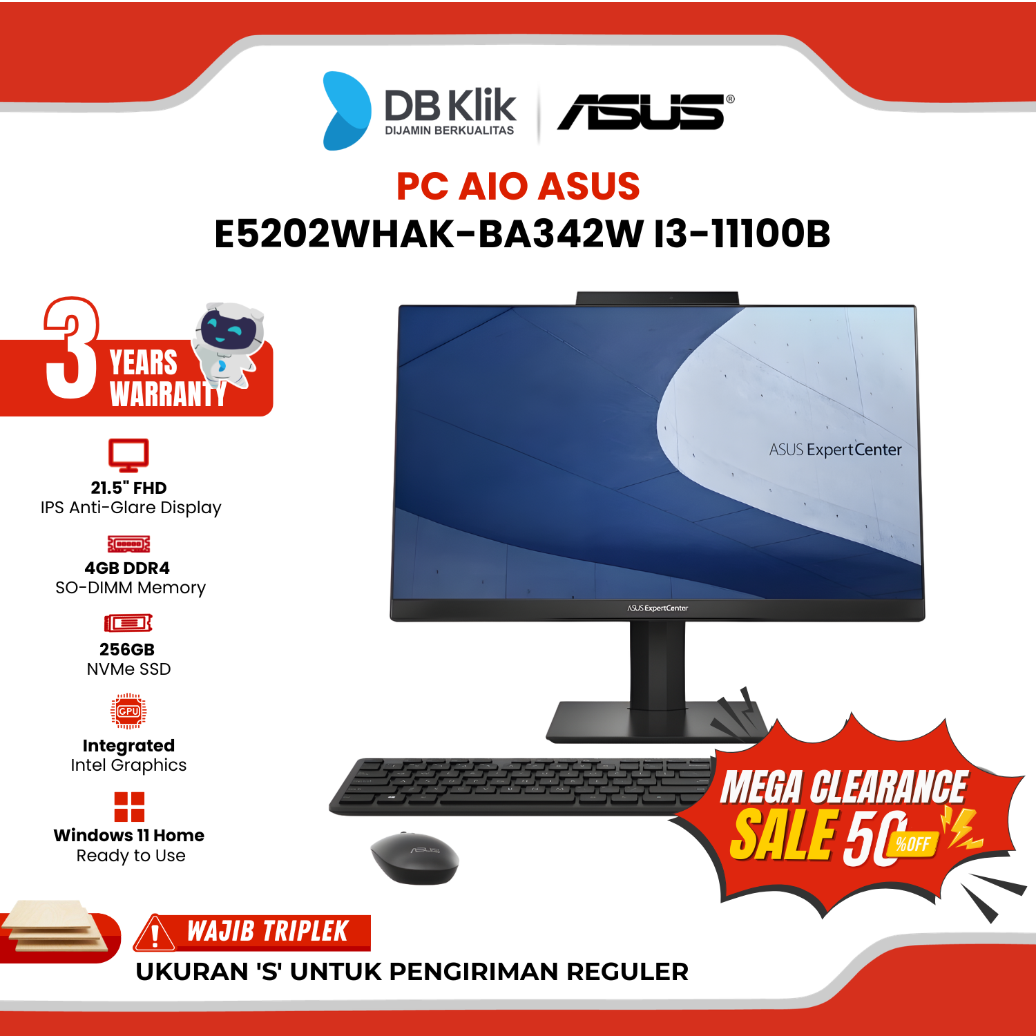 PC AIO ASUS E5202WHAK-BA342W INTEL Core i3-11100B 8GB DDR4/256GB M.2 INTEL UHD Windows 11 Home 21.5" FHD