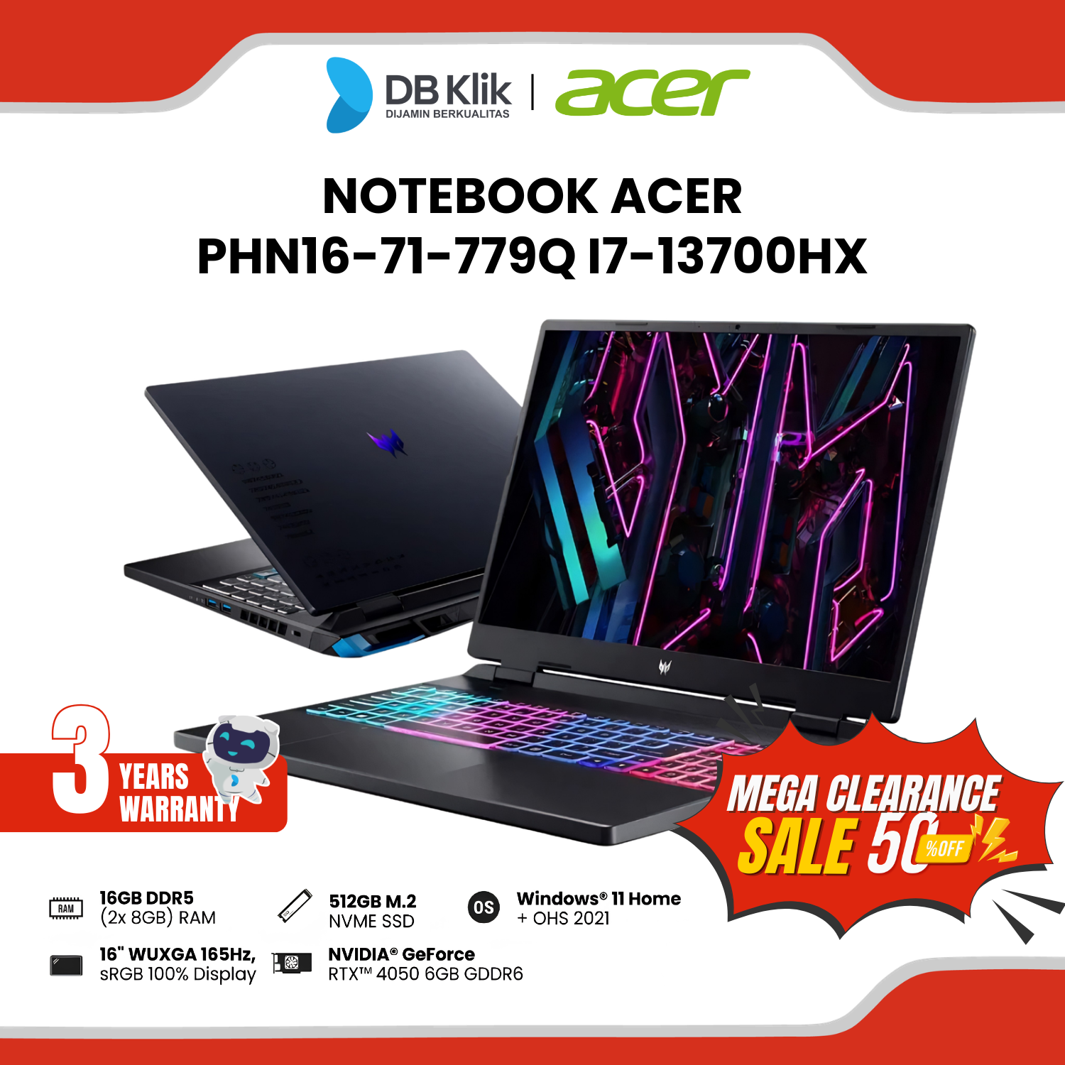 Notebook ACER PHN16-71-779Q INTEL Core i7-13700HX 16GB (8x2) DDR5/512GB M.2 RTX 4050 Windows 11 Home + Ofiice Home Student 2021 16" WUXGA