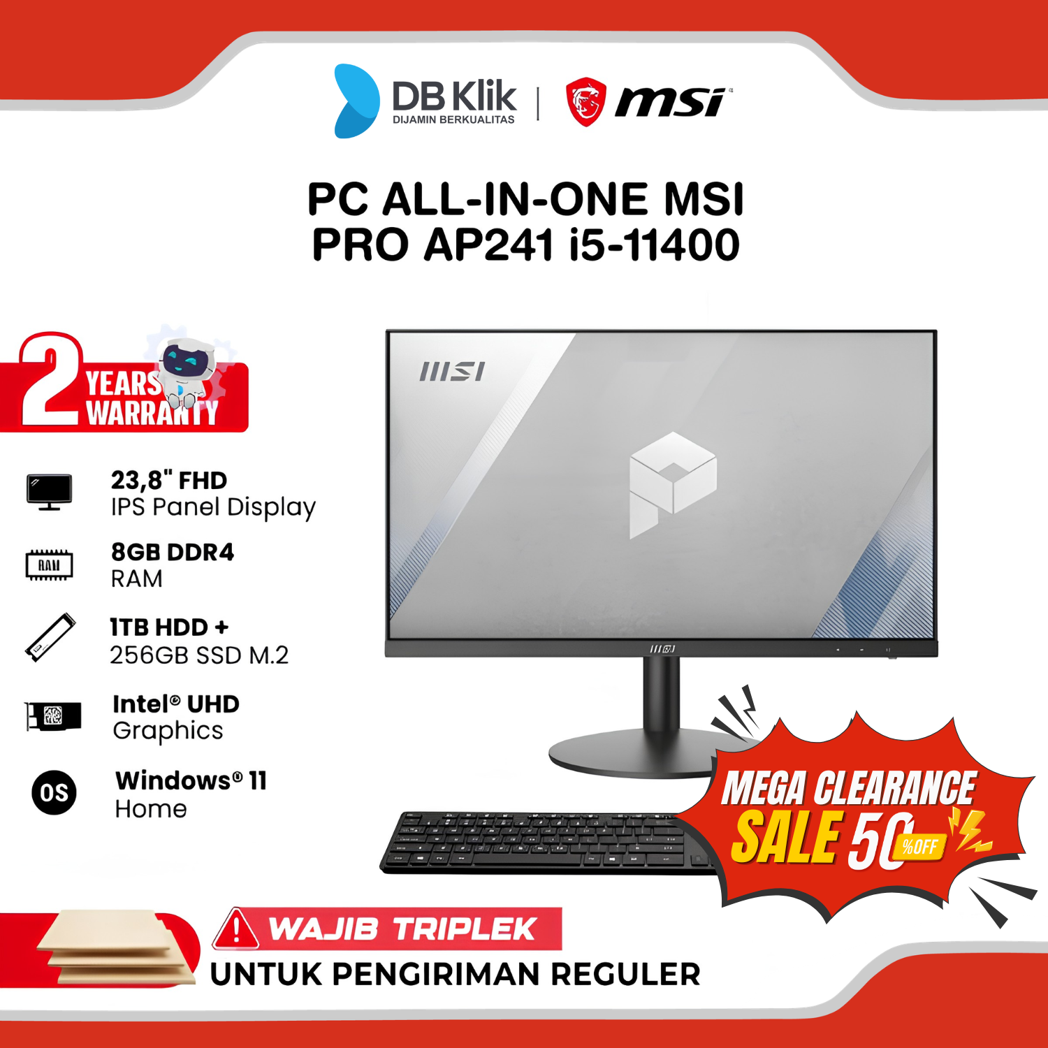 PC AIO MSI PRO AP241 INTEL Core i5-11400 8GB DDR4/1TB HDD + 256GB M.2 INTEL UHD Windows 11 Home 23.8" FHD