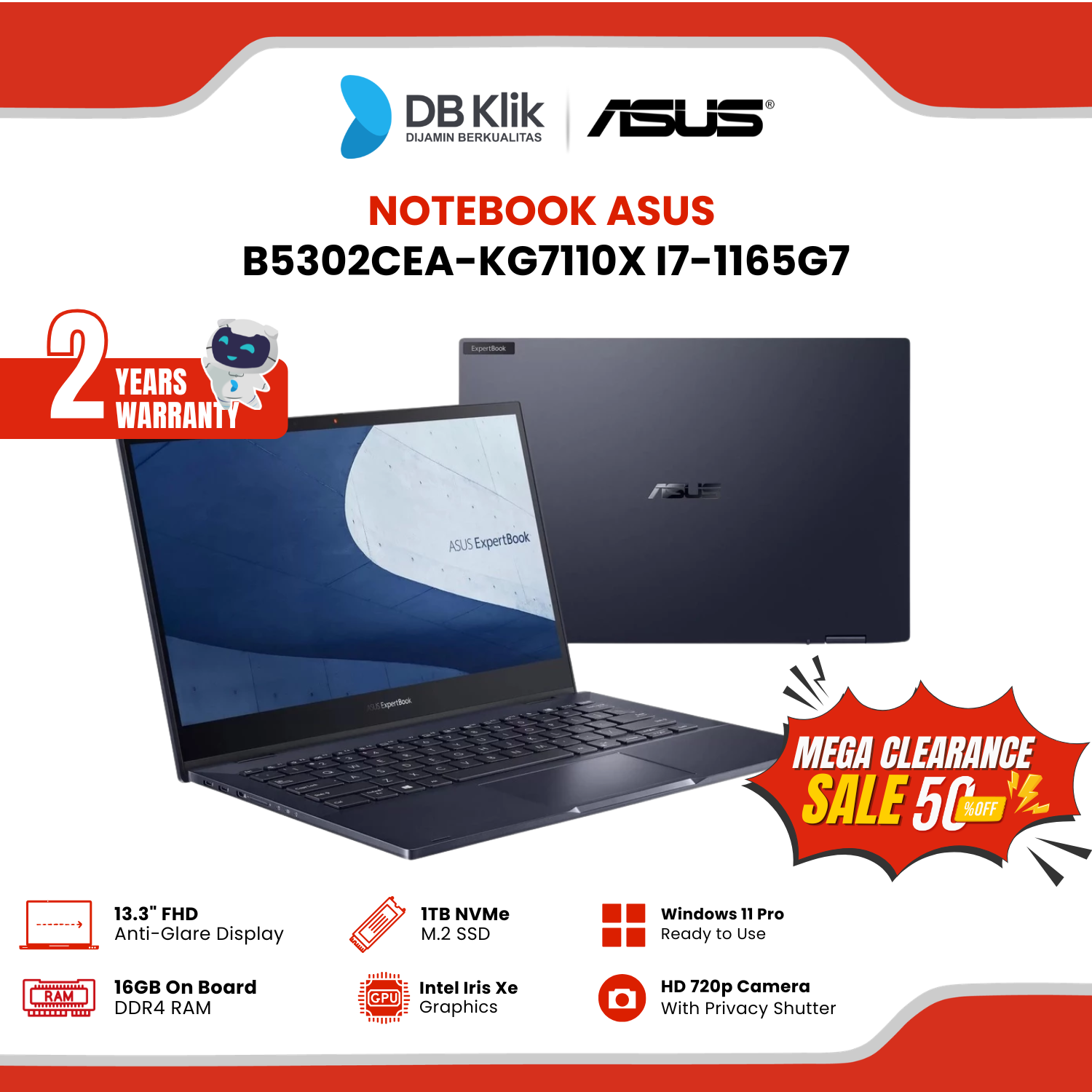 Notebook ASUS ExpertBook B5 B5302CEA-KG7110X INTEL Core i7-1165G7 16GB DDR4/1TB M.2 INTEL Iris Xe Windows 11 Pro 13.3" OLED FHD