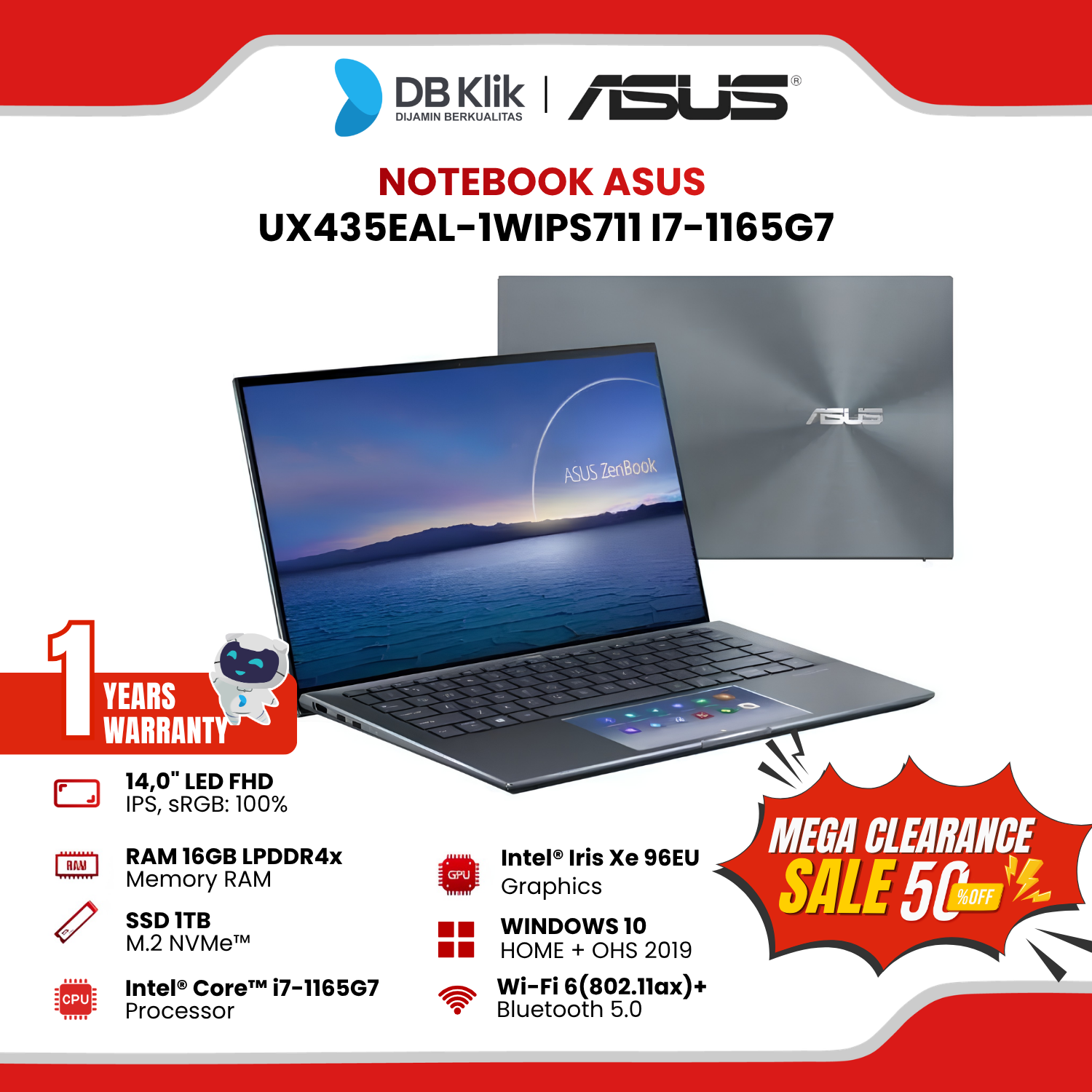 Notebook ASUS UX435EAL-1WIPS711 INTEL Core i7-1165G7 16GB DDR4/1TB M.2 INTER Iris Xe Windows 10 Home Office Home Student 2019 14" FHD