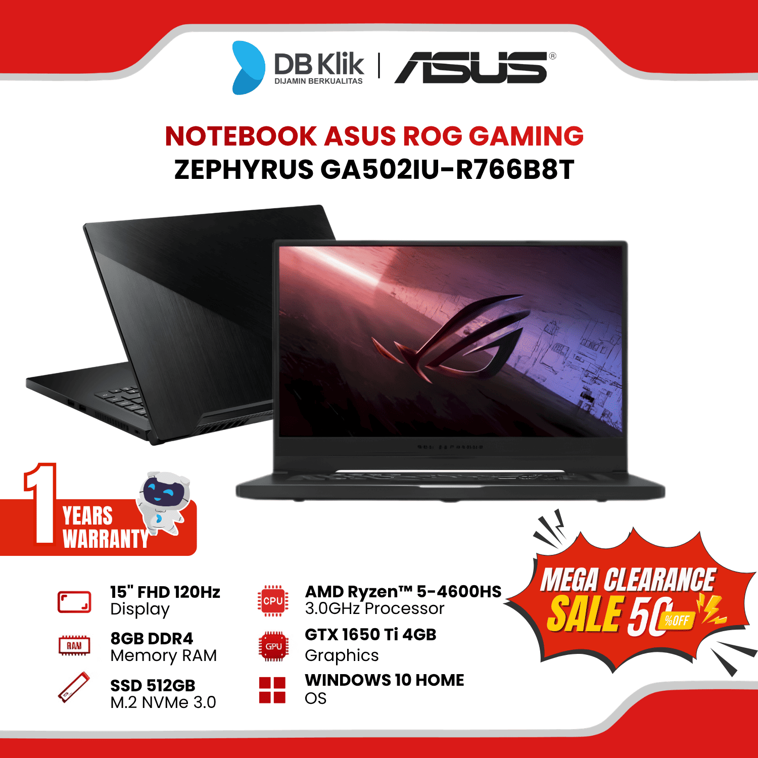 Notebook ASUS ROG 502IU-R766B8T AMD Ryzen 7-4800HS 8GB DDR4/512GB M.2 GTX 1660Ti Windows 11 Home 15.6" FHD