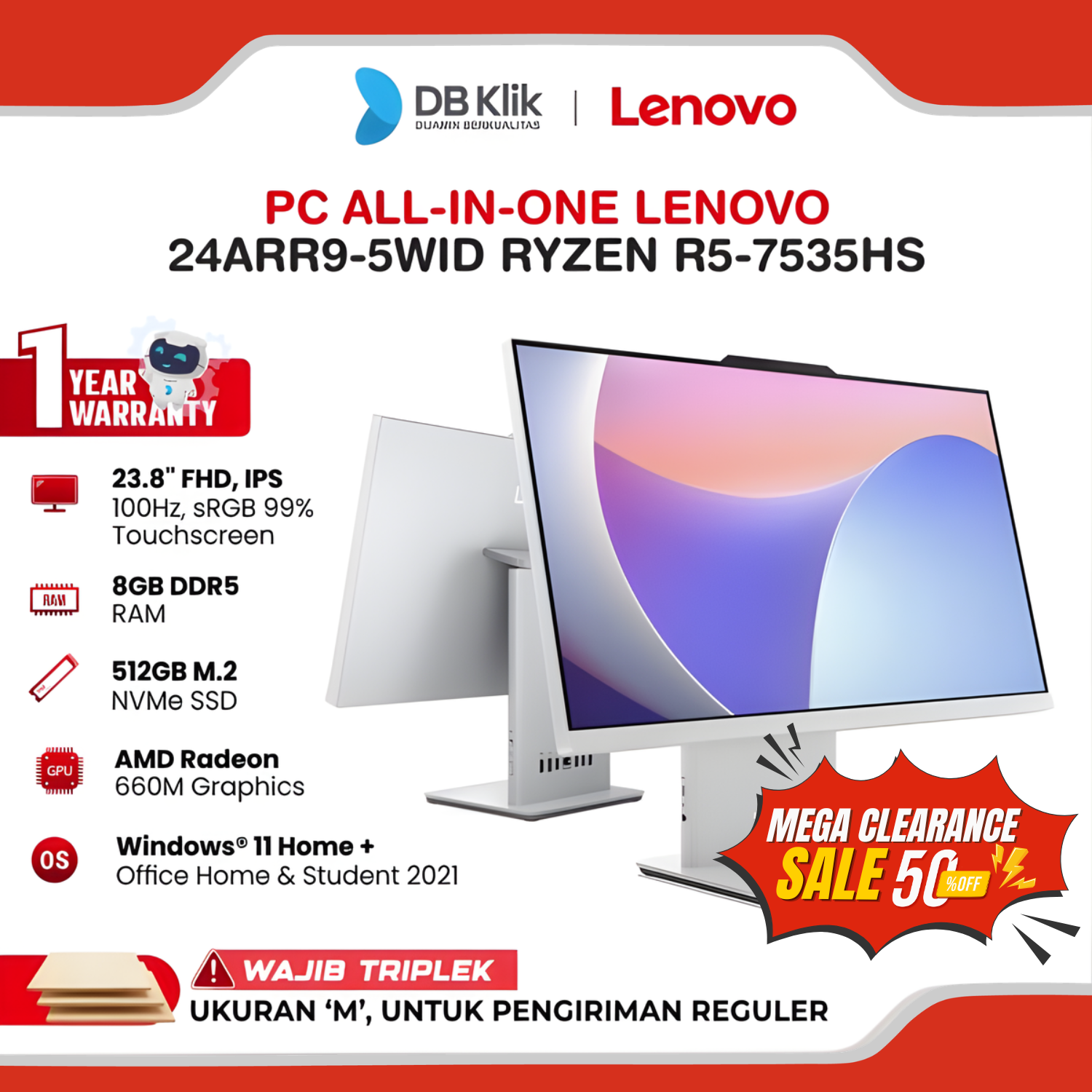 PC AIO LENOVO 24ARR9-5WID AMD Ryzen 5-7535HS 8GB DDR5/512GB M.2 AMD Radeon 660M Windows 11 Home + Office Home Student 2021 23.8" FHD