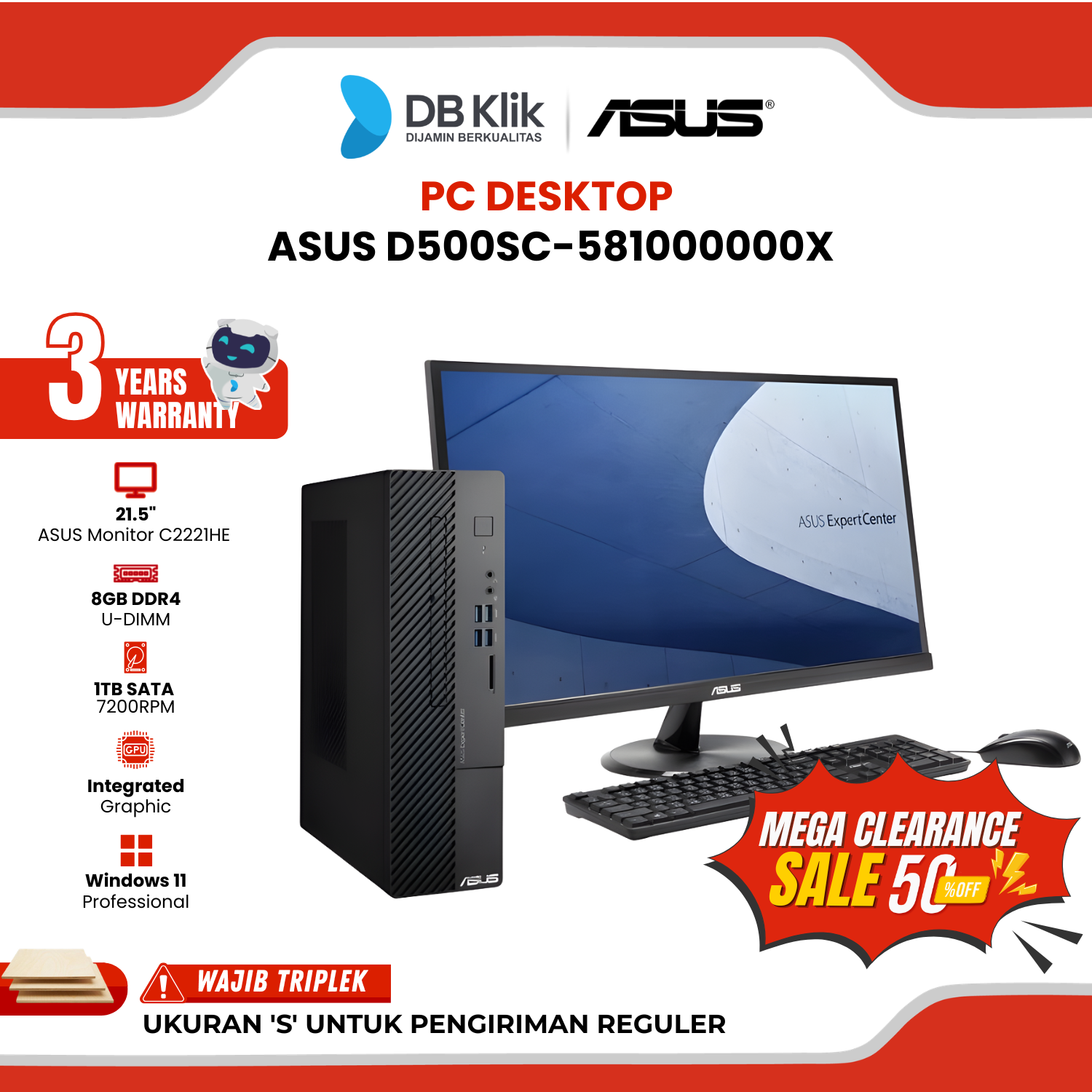 PC Desktop ASUS D500SC-581000000X INTEL Core i5-11400 8GB DDR4/1TB HDD INTEL UHD Windows 11 Pro 21.5" FHD