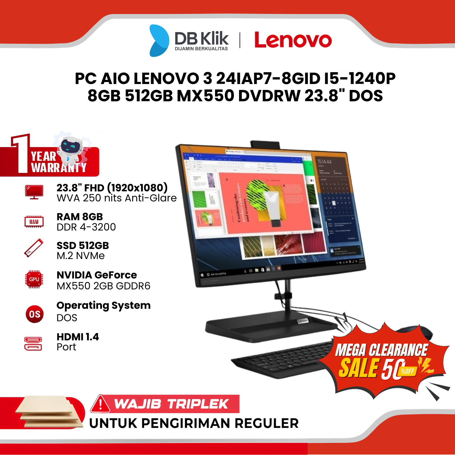 PC AIO LENOVO IdeaCentre 3 24IAP7-8GID INTEL Core i5-1240P 8GB DDR4/512GB M.2 NVIDIA GeForce MX550 DOS 23.8" FHD