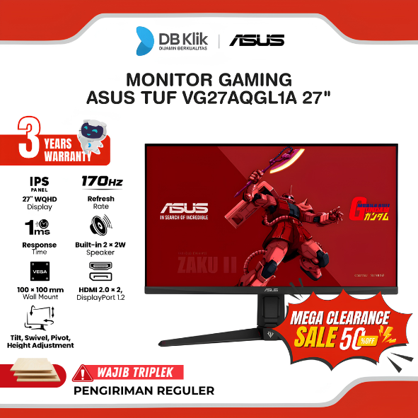 Monitor Gaming ASUS TUF VG27AQGL1A 27" IPS WQHD 170Hz 1ms ASUS ELMB Sync + HDR400 NVIDIA G−SYNC Built in Speaker Full Ergonomic Stand HDMI DP Edisi Gundam Zaku II