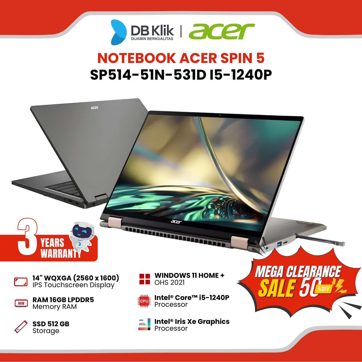 Notebook ACER SP514-51N-531D INTEL Core i5-1240P 16GB DDR5/512GB M.2 INTEL Iris Xe Windows 11 Home + Office Home Student 2021 14" WQXGA