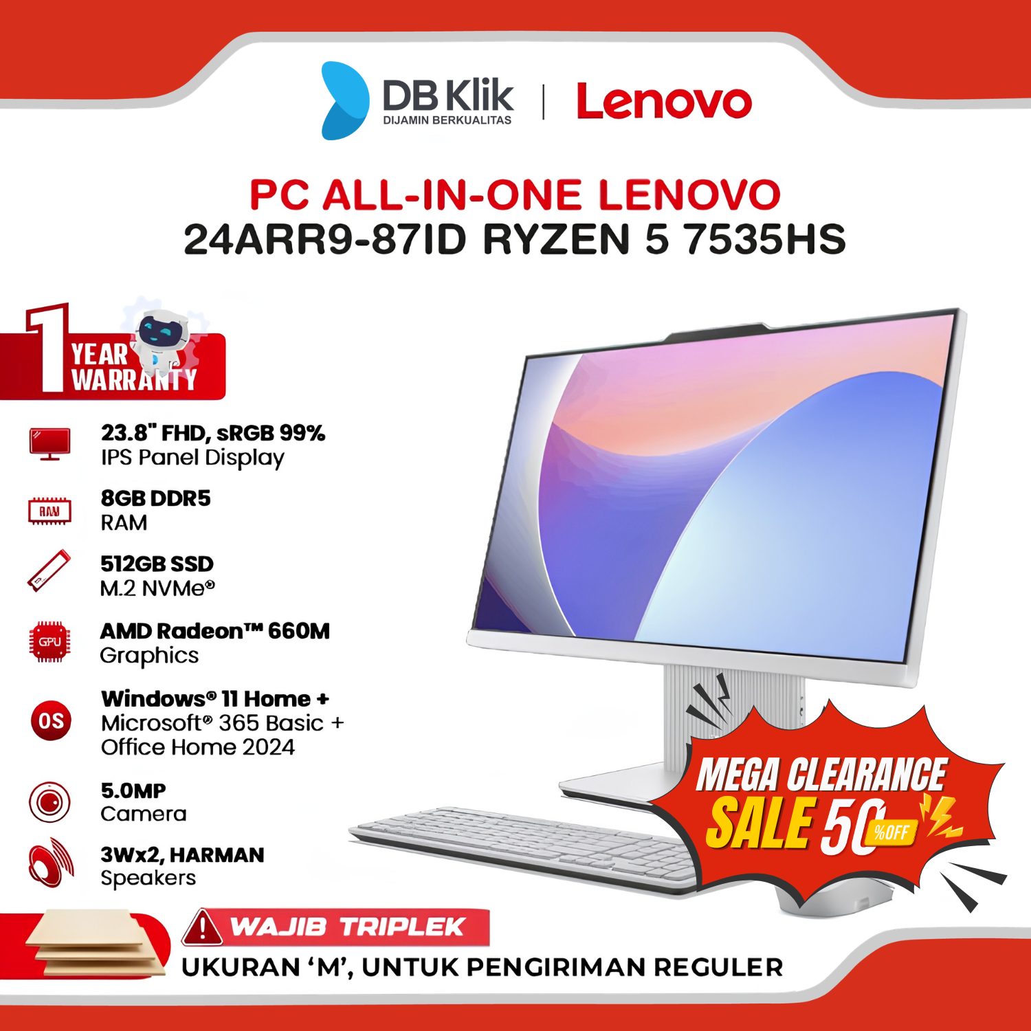 PC AIO LENOVO 24ARR9-87ID AMD Ryzen 7-7535HS 8GB DDR5/512GB AMD Radeon 660M Windows 11 Home + Office Home Student 2024 23.8" FHD
