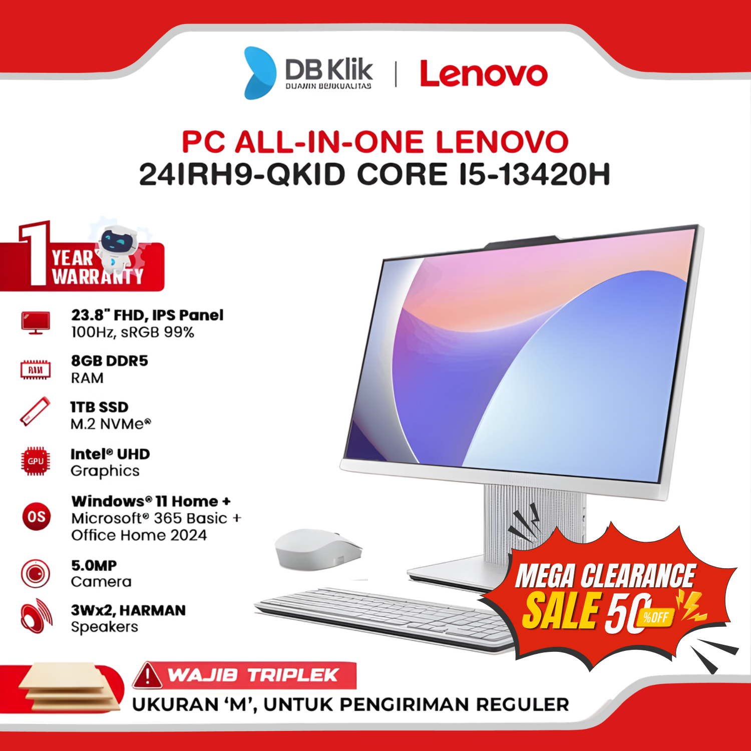 PC AIO LENOVO IdeaCentre 24IRH9-QKID INTEL Core i5-13420H 8GB DDR5/1TB M.2 NVMe INTEL UHD Windows 11 Home + Office Home Student 2024 23.8" FHD IPS - Cloud Grey